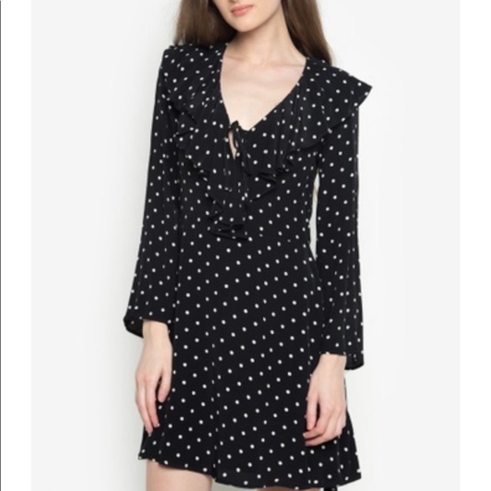 TopShop Black Beige Polka Dot Ruffle Mini Dress size 6